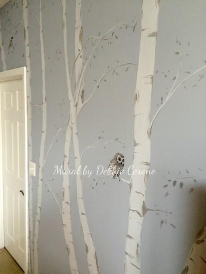 Contemporary birch tree mural with cute baby owl and birds, by Chicago area  artist,