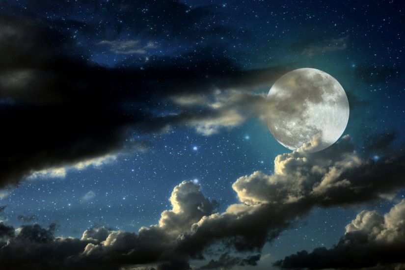 3840x2160 Wallpaper full moon, stars, clouds, shadows