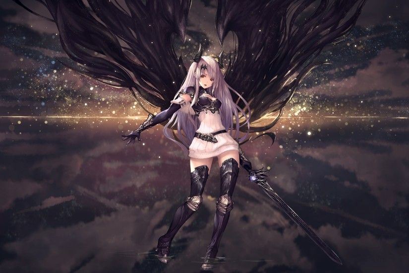 2000x1437 - anime girl, demon, black sword, horns, gloves, white hair
