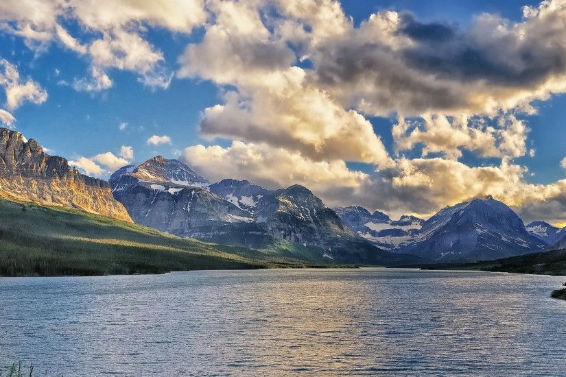 Preview wallpaper sherborne lake, glacier national park, montana, lake,  mountains, clouds