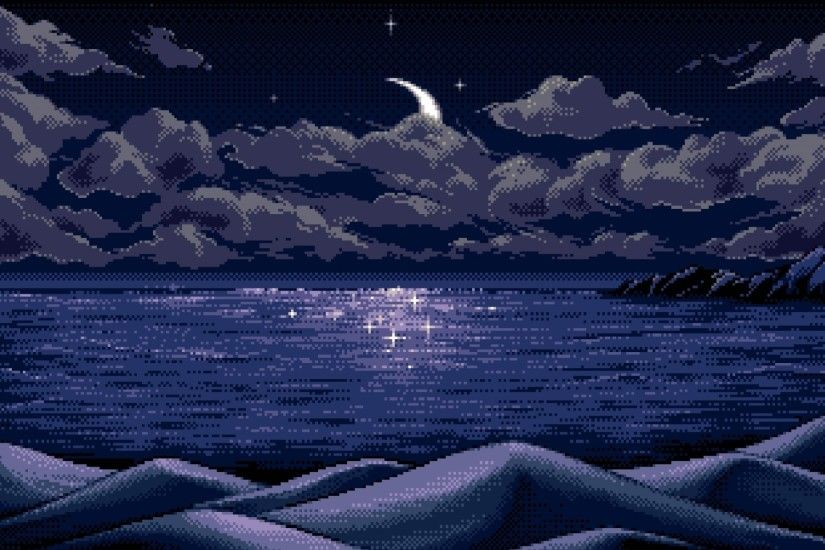 Digital Art, Pixel Art, Pixels, Moon, Horizon, Blue, Reflection .