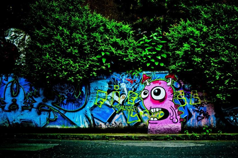 Ultra HD pink graffiti monster on wall