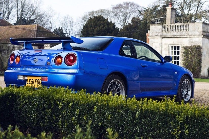 Blue Nissan Skyline GT-R back side view wallpaper 1920x1080 jpg