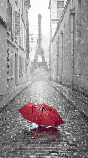 Red Umbrella Paris Street Rainy Day Eiffel Tower iPhone 6 wallpaper