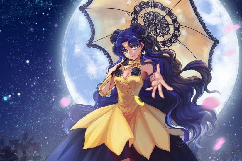sailor moon with blue long hair holding umbrella at night on background of  the moon,