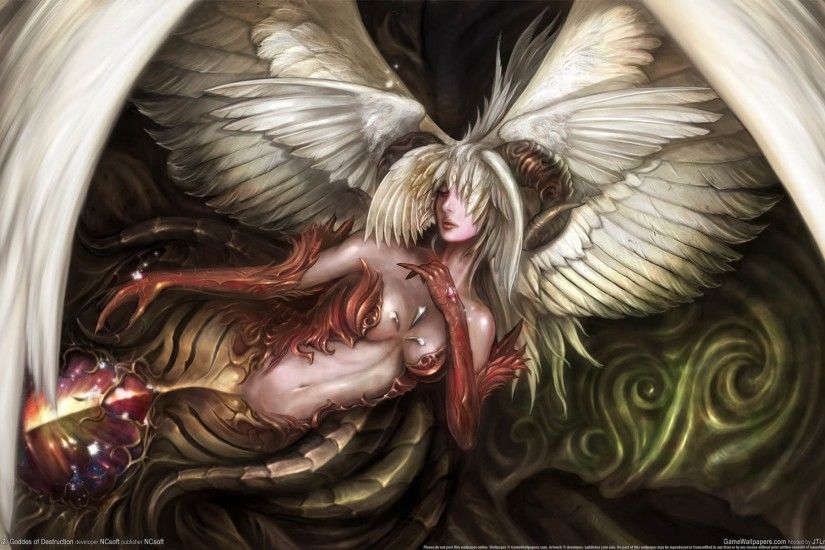 lineage 2: goddess of destruction game wallpapers fantasy wings magic girl  angel or demon girl
