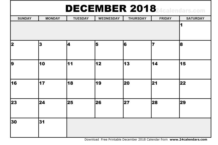 December 2018 Calendars for Word, Excel & PDF