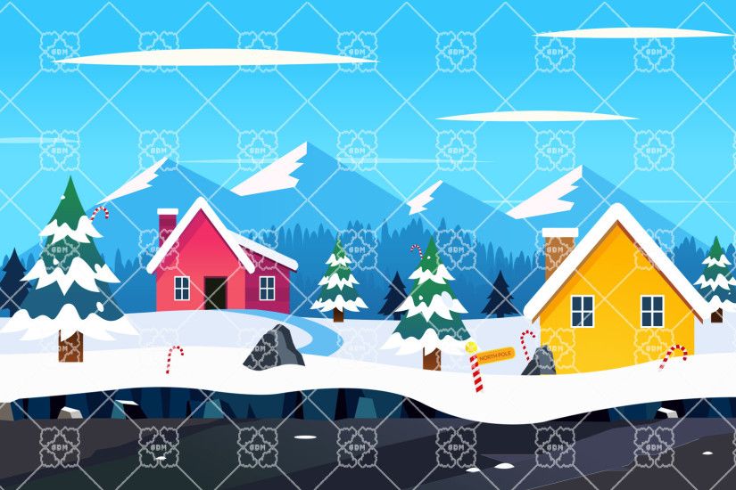 Winter / Christmas Town – 2D Cartoon Snowy North Pole Parallax Background