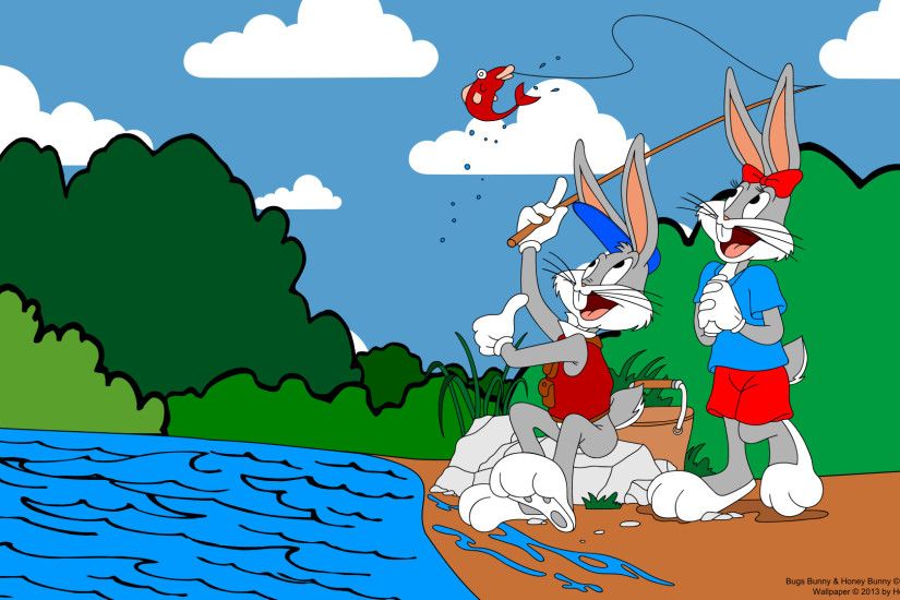 ... so Bugs Bunny and Honey Bunny decided to go fishing. It looks like they  pulled some fish! And they want to display it in this wallpaper.