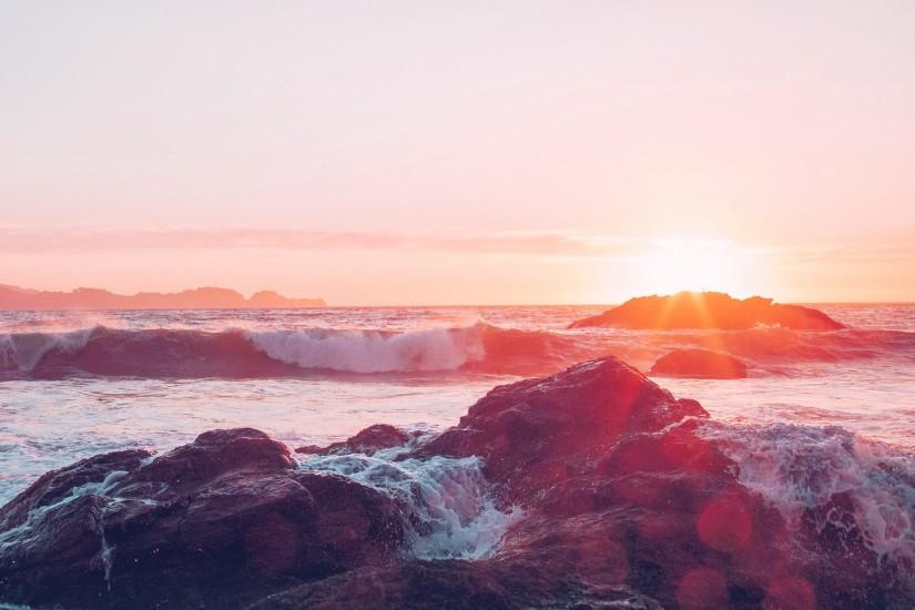 361 0: Sea Ocean Nature Sunset Rock Wave Blue Red iPad wallpaper