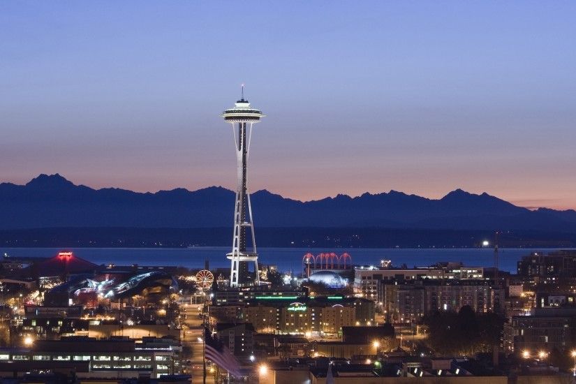 Seattle, Space Needle, Pacific Northwest, USA, Washington State, City,  Sunset, Lights, Evening Wallpaper HD