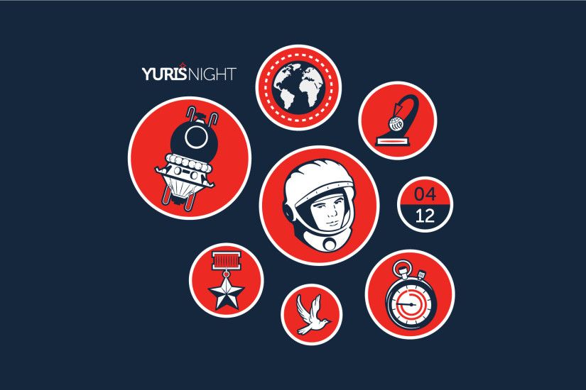 Explanation of elements, clockwise, starting with the Vostok under the  Yuri's Night logo: