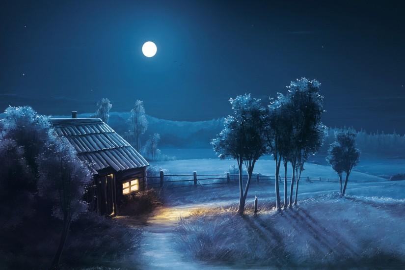 Blue Night Full Moon Scenery HD Wallpaper