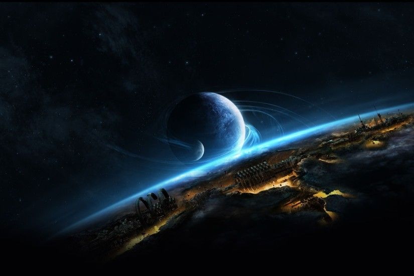 Planet above the futuristic world wallpaper