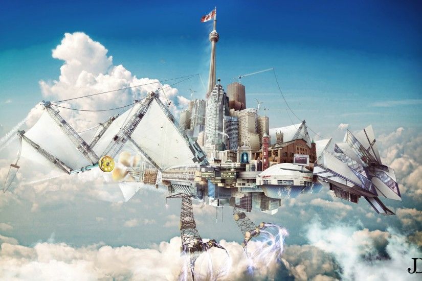the mechanical phoenix town sky render collage digital art