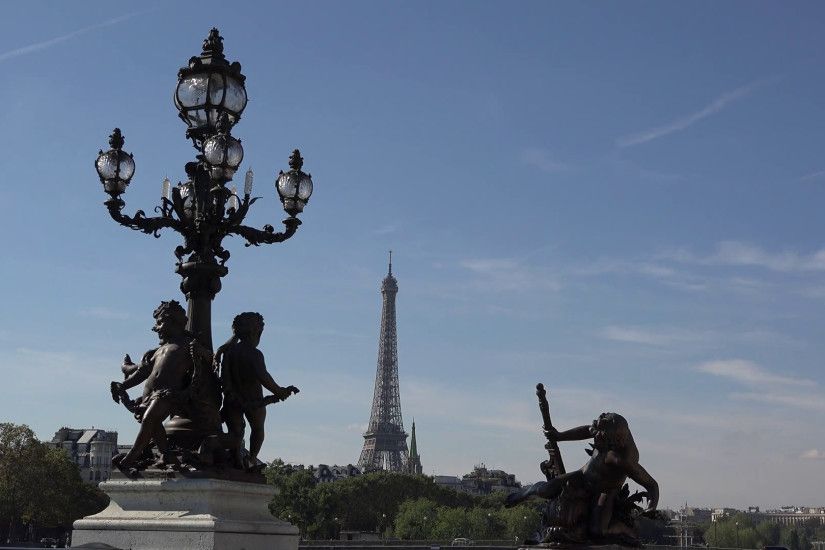Beautiful statues and Eiffel tower in background, art sights cape, Paris