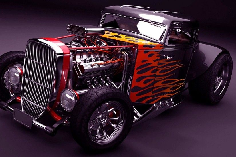 Hot rod with flames wallpaper