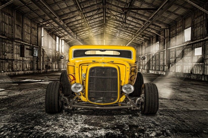 hot-rod classic car yellow classic retro front light hangar
