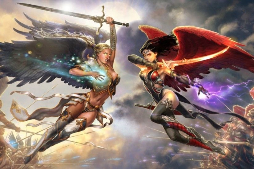 Fantasy - Angel Warrior Fantasy Angel Woman Wings Good vs. Evil Magic Woman  Warrior Sword