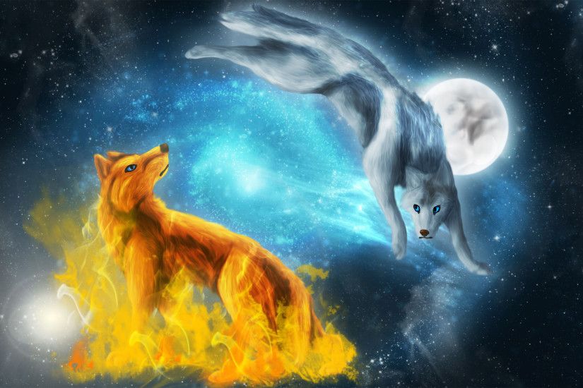 Fire and ice wolves wallpaper