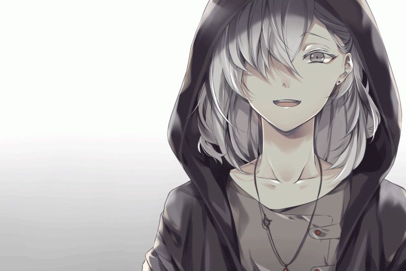 Anime Boy, White Hair, Hoodie, Smiling, Necklace, Gray Eyes