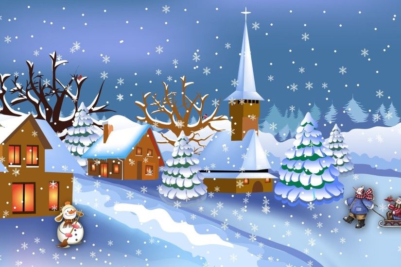 Winter: Peaceful Sunday Morning Snowman Christmas Chapel Trees .