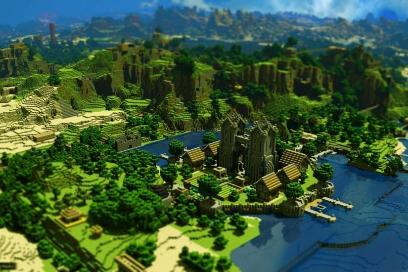 Preview wallpaper minecraft, trees, houses, mountains, water 1920x1200