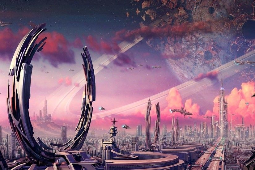 hd wallpaper starship space city purple