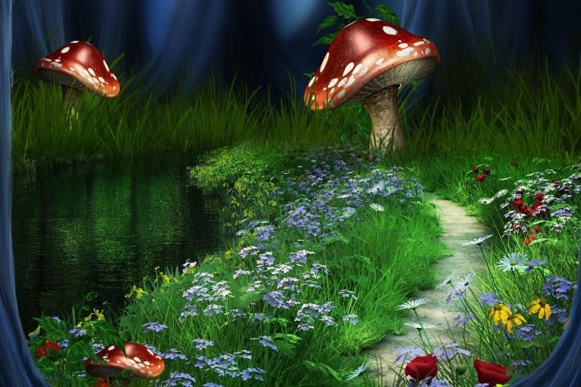 Huge mushrooms on the flower field - Fantasy art wallpaper