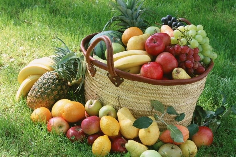Food - Fruit Banana Apple Pineapple Grapes orange (Fruit) Pear Lemon Basket  Wallpaper