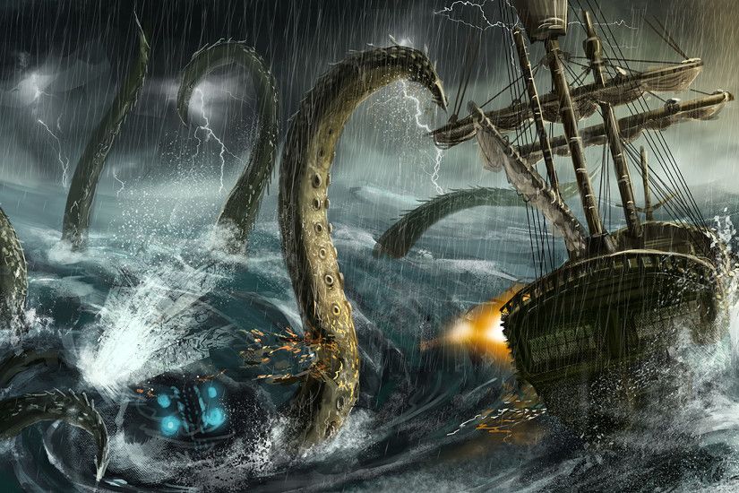 2600x1392 - sea monster, boat, ocean, lightning, big waves # original  resolution