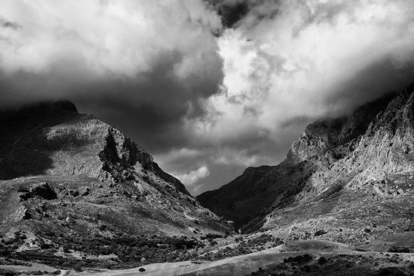 2048x1152 Wallpaper mountains, sky, clouds, beautiful, black and white