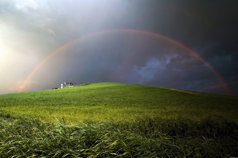 3008x2000 Wallpaper rainbow, field, meadow, hill, construction, cloudy