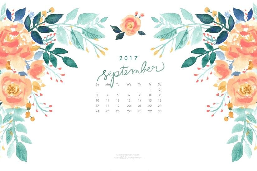 Pretty peach blooms watercolor September 2017 calendar wallpaper for your  computer. 100% original art