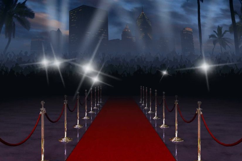 Moving down the glamourous red carpet with a crowd of cheering fans and  paparazzi at the end, in front of a city skyline, searchlights, and palm  trees ...