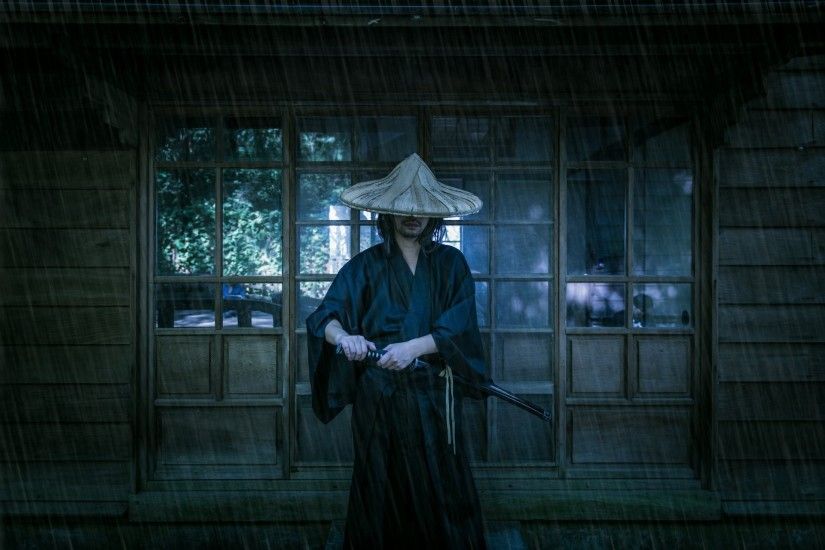 men samurai katana sword rain background