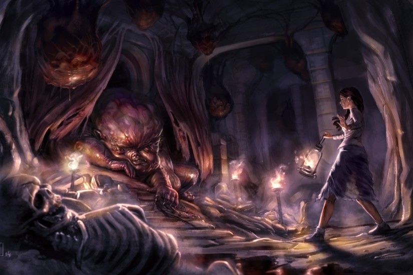 Fantasy Creature, Girl, Lantern, Underground, Skeletons