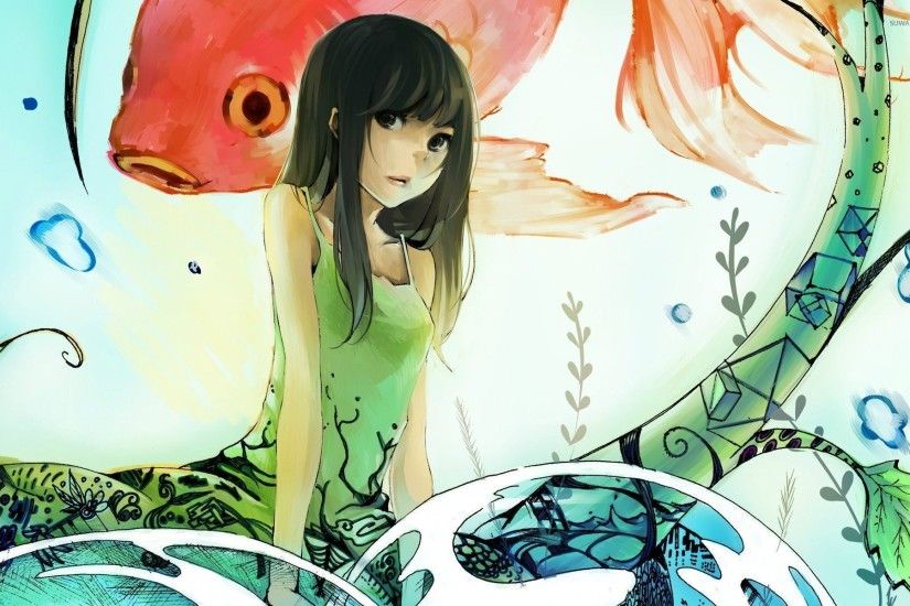Anime girl and koi fish wallpaper 1920x1200 jpg