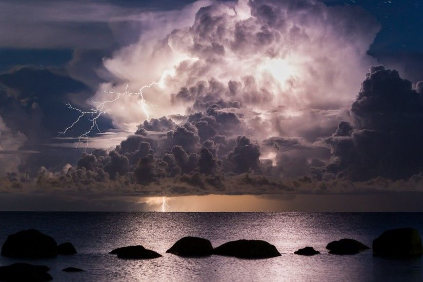 nature, Landscape, Lightning, Sea, Clouds, Storm, Night, Rock, Water  Wallpaper HD