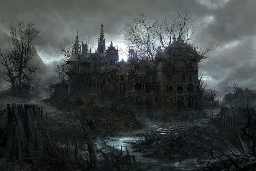 HALLOWEEN dark haunted house spooky wallpaper background