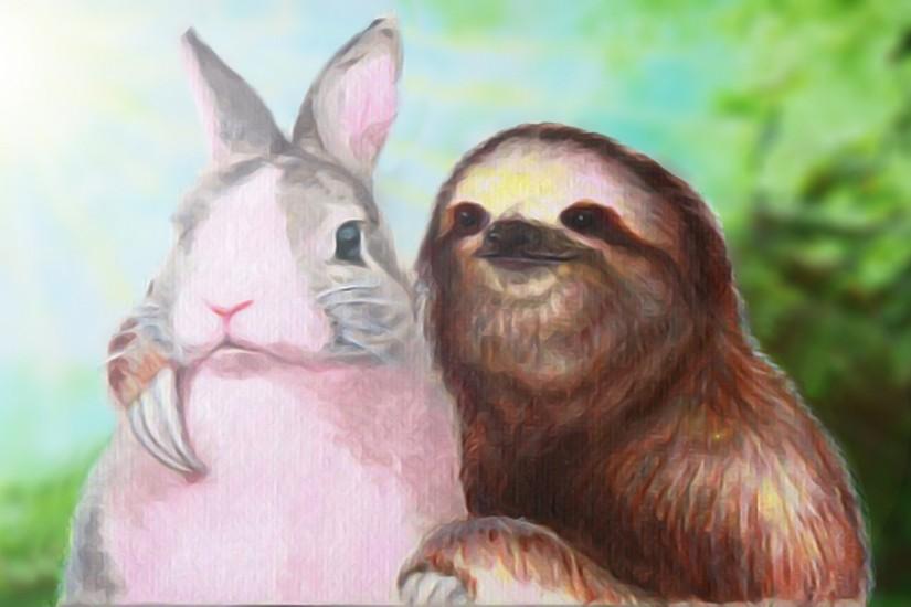 Sloth hugging a rabbit