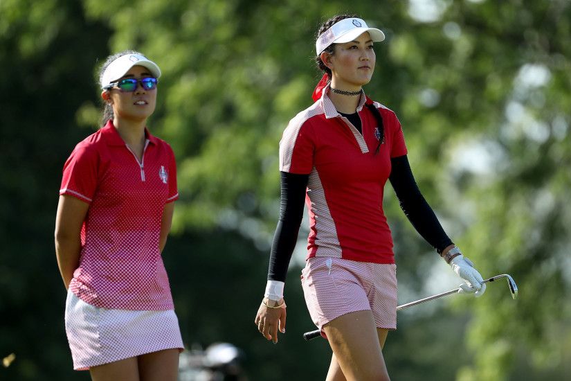 Shirt struggles: Michelle Wie wears uniform Friday at the 2017 Solheim Cup
