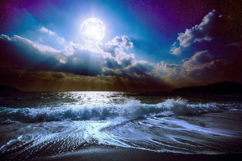 moonlight moon night midnight nature landscape clouds full moon sky sea  ocean waves beautiful nature moon