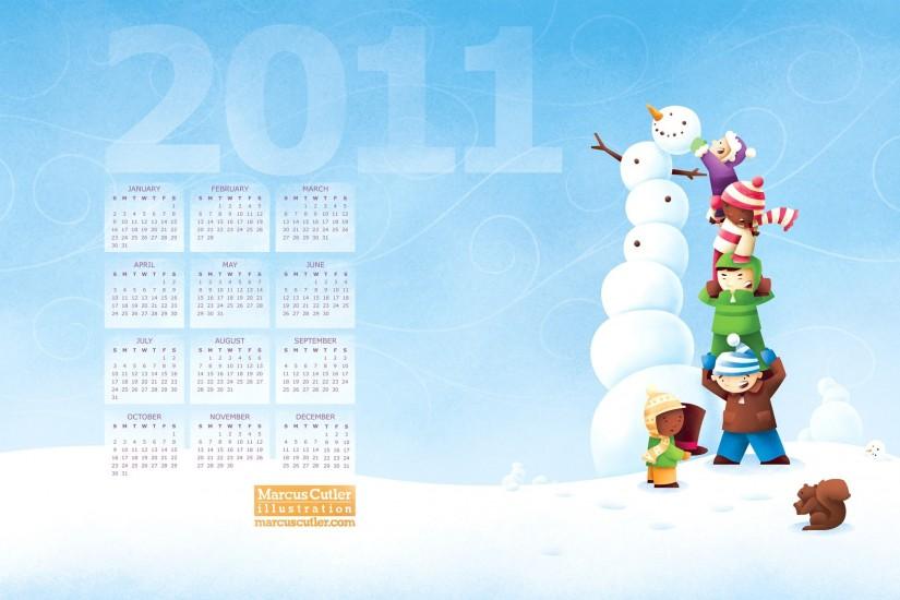 Wallpapers Backgrounds - kids building very tall snowman Wallpaper features  2011 calendar