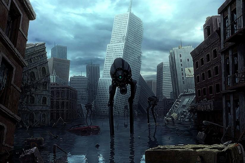 Preview wallpaper half-life, city, house, robots, water 2560x1440