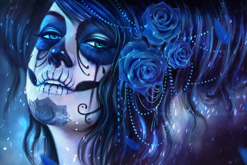 Artistic - Sugar Skull Artistic Woman Girl Day of the Dead Skeleton Makeup  Blue Rose Wallpaper