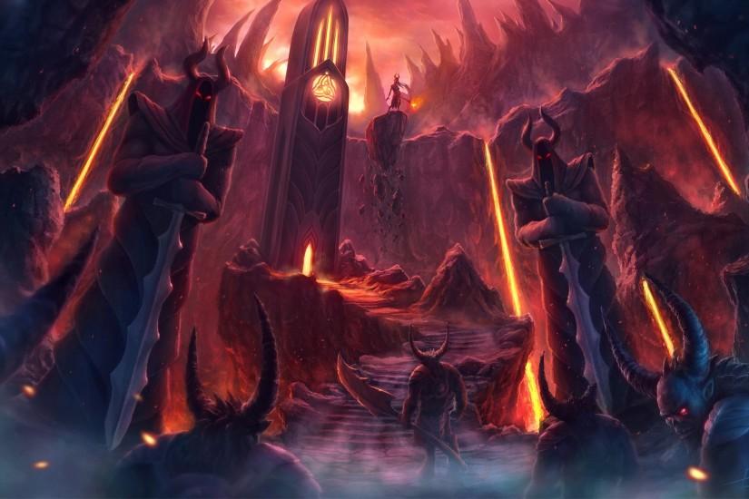 Dark demons hell fire flames creature monsters fantasy weapons sword trdent  occult satan satanic devil lava