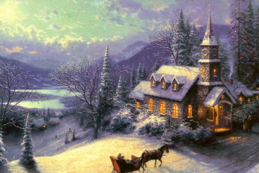 Thomas Kinkade Wallpaper, painting, winter, moon, snow, house, chapel
