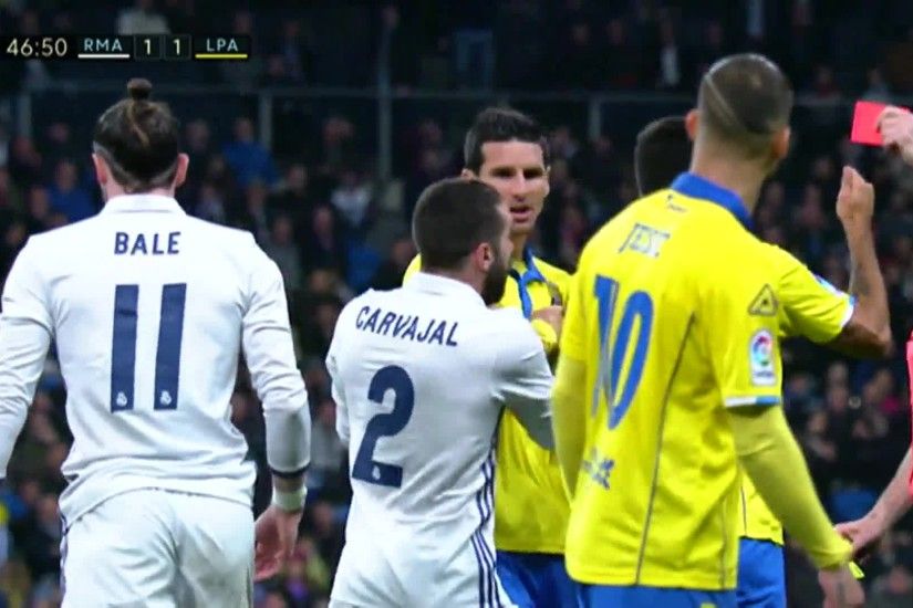 Gareth Bale was sent off after kicking and then pushing Las Palmas'  Jonathan Viera