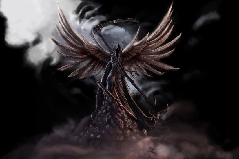 fiction dark angel wings death spit skull fog black background